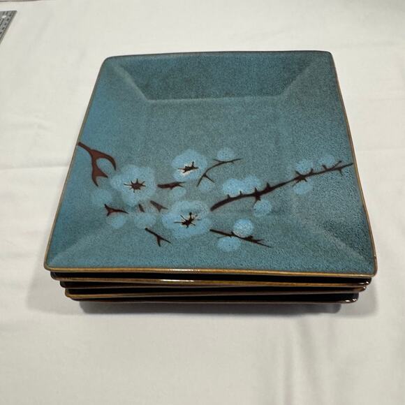 Pier 1 Tranquil Square Salad Plates 8" Stoneware Green Cherry Blossoms Set of 5 - Picture 10 of 10